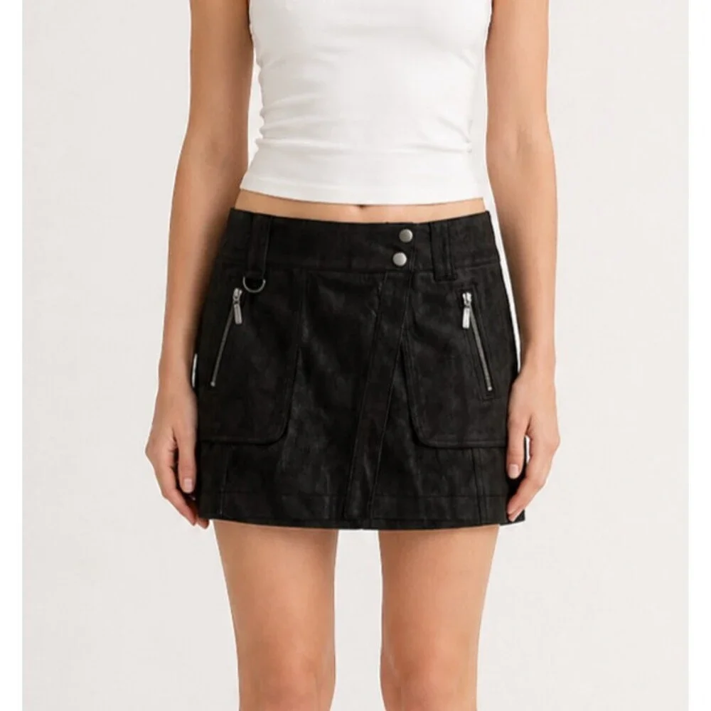 Free People Carson Utility Wrap Mini Skirt Charcoal Vegan Leather NWT - 2